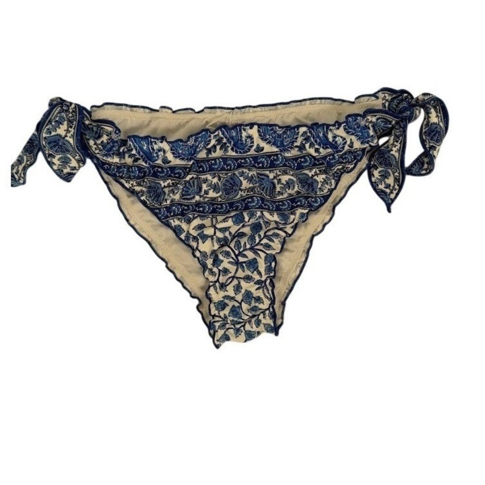 J.Crew Womens Blue Whiteโ Block Print Floral Side Tie Bikini Bottom Medium